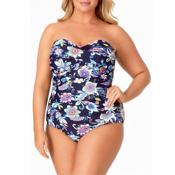 New. Anne Cole Navy floral bandeau swimsuit. 16W - Picture 4 of 9